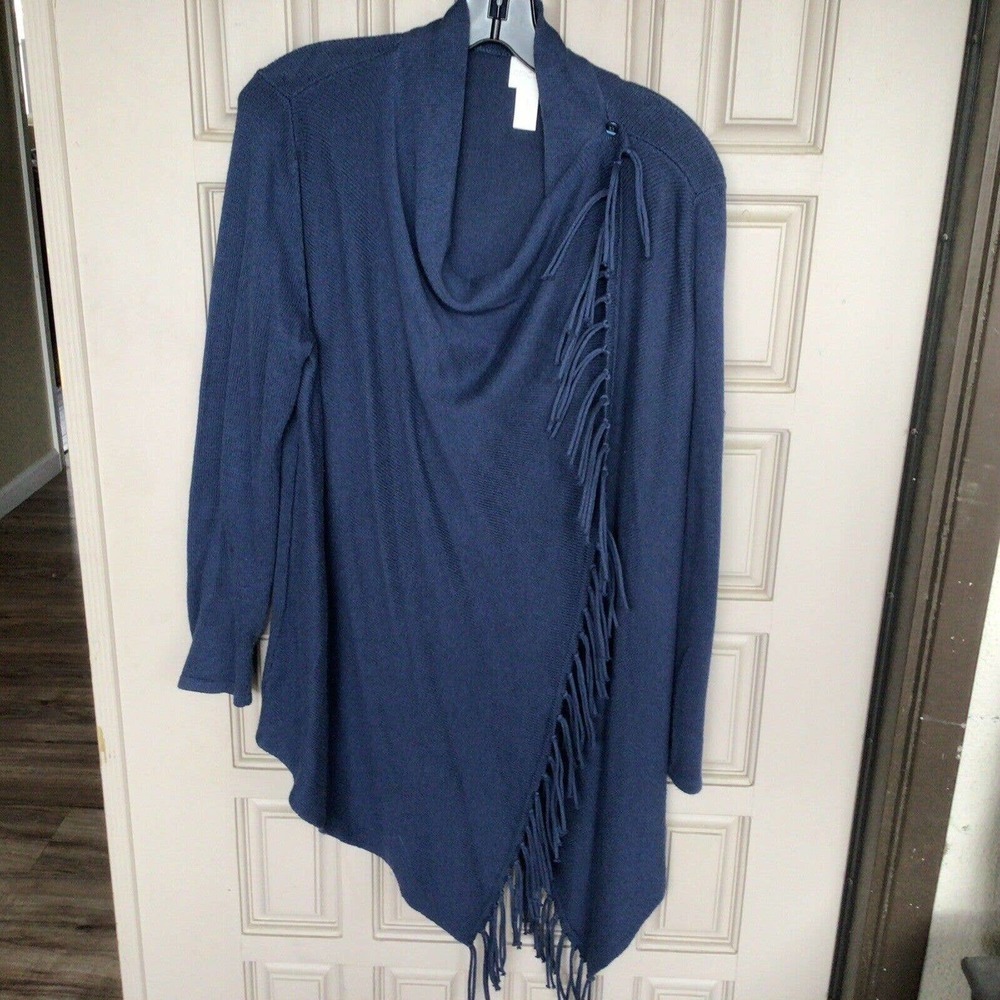 Chico's Sz1 Wrap Sweater Navy Fringe Long Sleeves Knit Pre-Owned